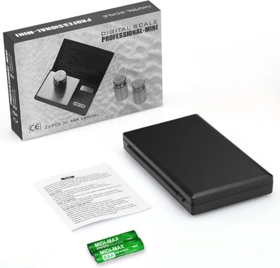 Balance numérique noire, design plat, avec surface de pesée en métal, deux poids et deux piles AAA.