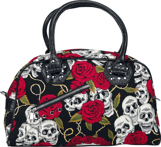 Zwarte handtas met print van schedels en rode rozen. Zwarte handvatten met details.