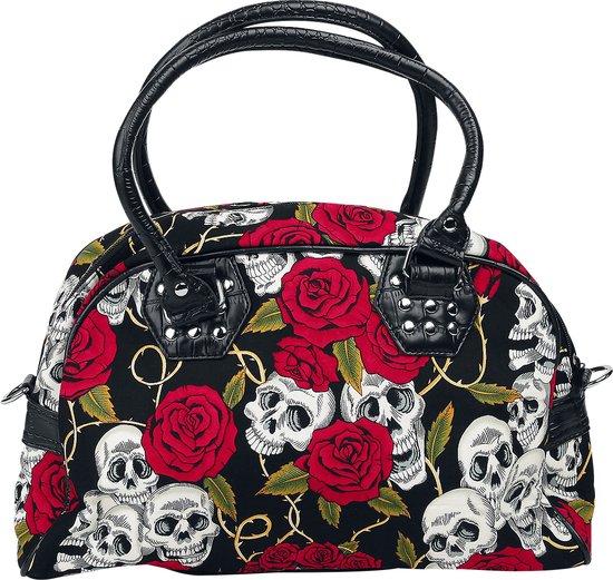 Zwarte handtas met print van schedels en rode rozen. Zwarte handvatten met details.