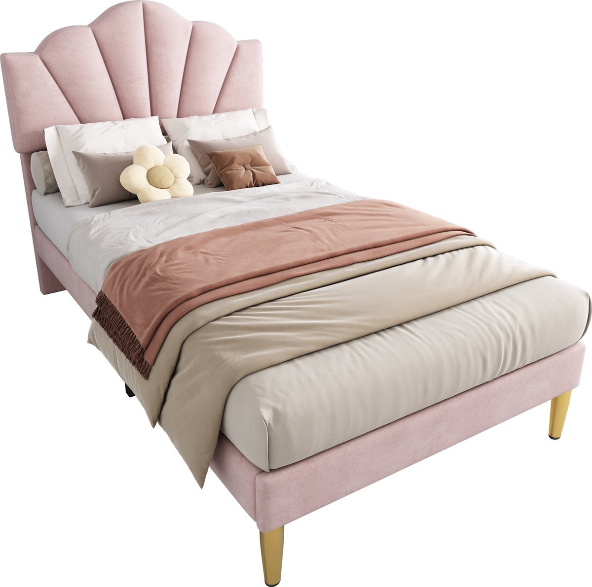 Merax Fluwelen Bed 90x200 cm - Eenpersoonsbed met Verstelbaar Hoofdbord - Gouden Poten en Houten Lattenbodem – Roze
