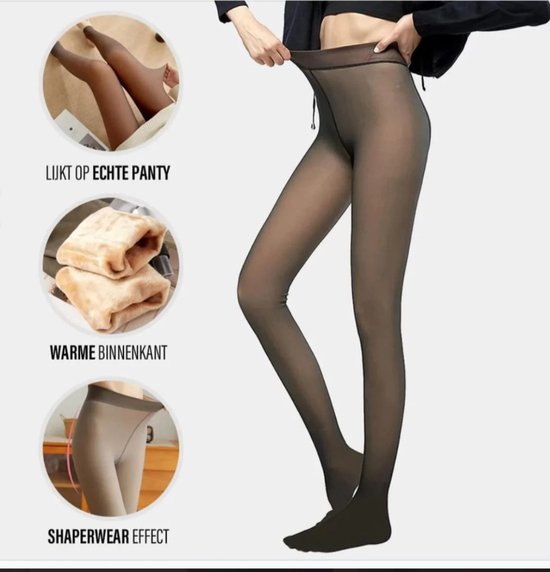 Zwarte panty met fleece voering. Teksten: 'Lijkt op echte panty', 'Warme binnenkant', 'Shaperwear effect'.