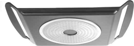 Gegoten aluminium grillplaat met een cirkelvormig inductieverwarmingsgebied eronder.
