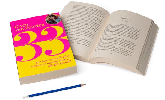 Open book next to a closed book cover with pink and yellow sections and large "33". A pencil lies in front.