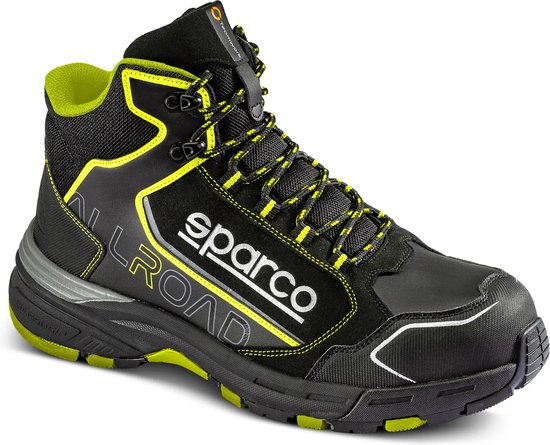 Chaussure de travail S3 noire ALLROAD avec lacets et accents jaunes, logo blanc "sparco".