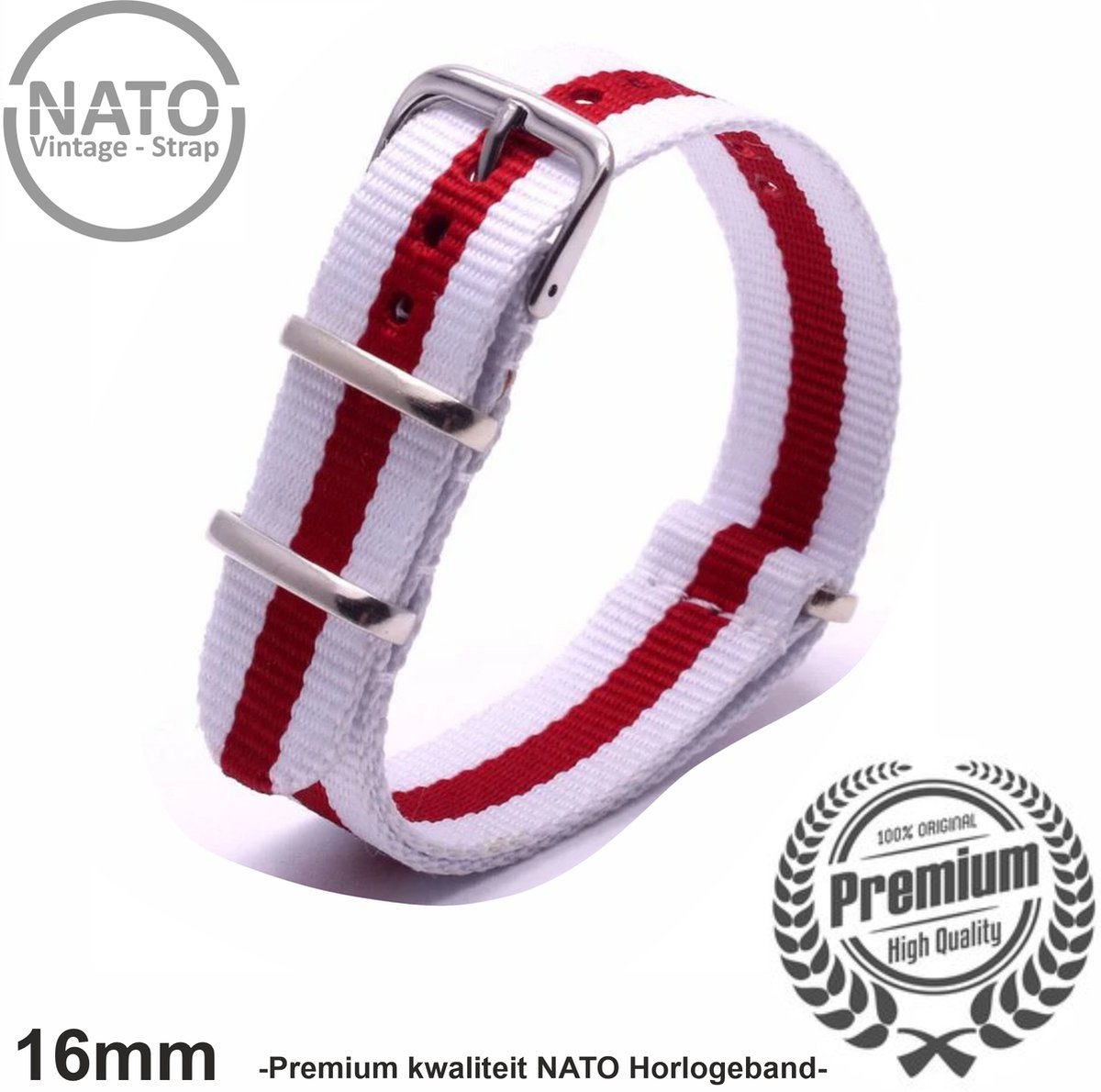 16mm Premium Nato Strap Rood Wit gestreept - Vintage James Bond - Nato Strap collectie - Heren- Horlogeband - 16 mm bandbreedte voor oa. Seiko Rolex Omega Casio en Citizen - Japan