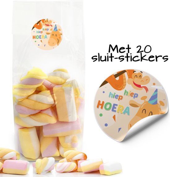 Foto: 20x uitdeelzakjes kinderfeestje met sluitstickers 20 stickers 20 zakjes cellofaanzakjes transparant snoepzakjes traktatie zakjes inpakzakjes kinderfeestje giraf slang