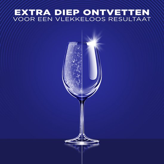 Een glas, deels met ijs en water, deels sprankelend schoon, met tekst 'Extra diep ontvetten'.