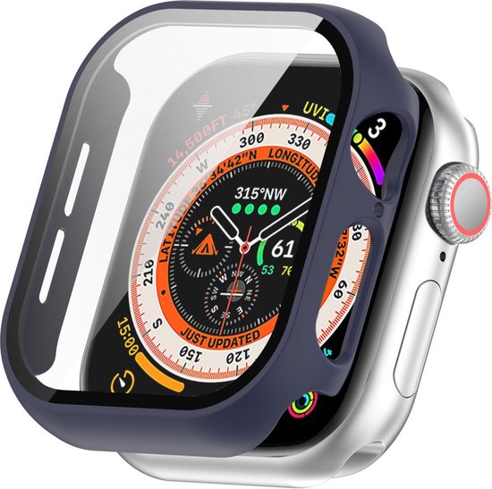 Zij-aanzicht van een donkerblauw Apple Watch hoesje met glazen schermprotector om een zilverkleurig Apple Watch.