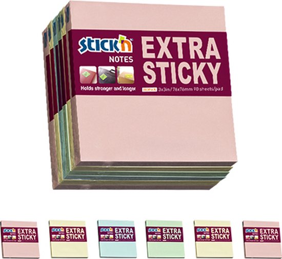 Stapel van 6 pastelkleurige memoblokken, elk met 'Stick'n EXTRA STICKY NOTES' op een paarse band.