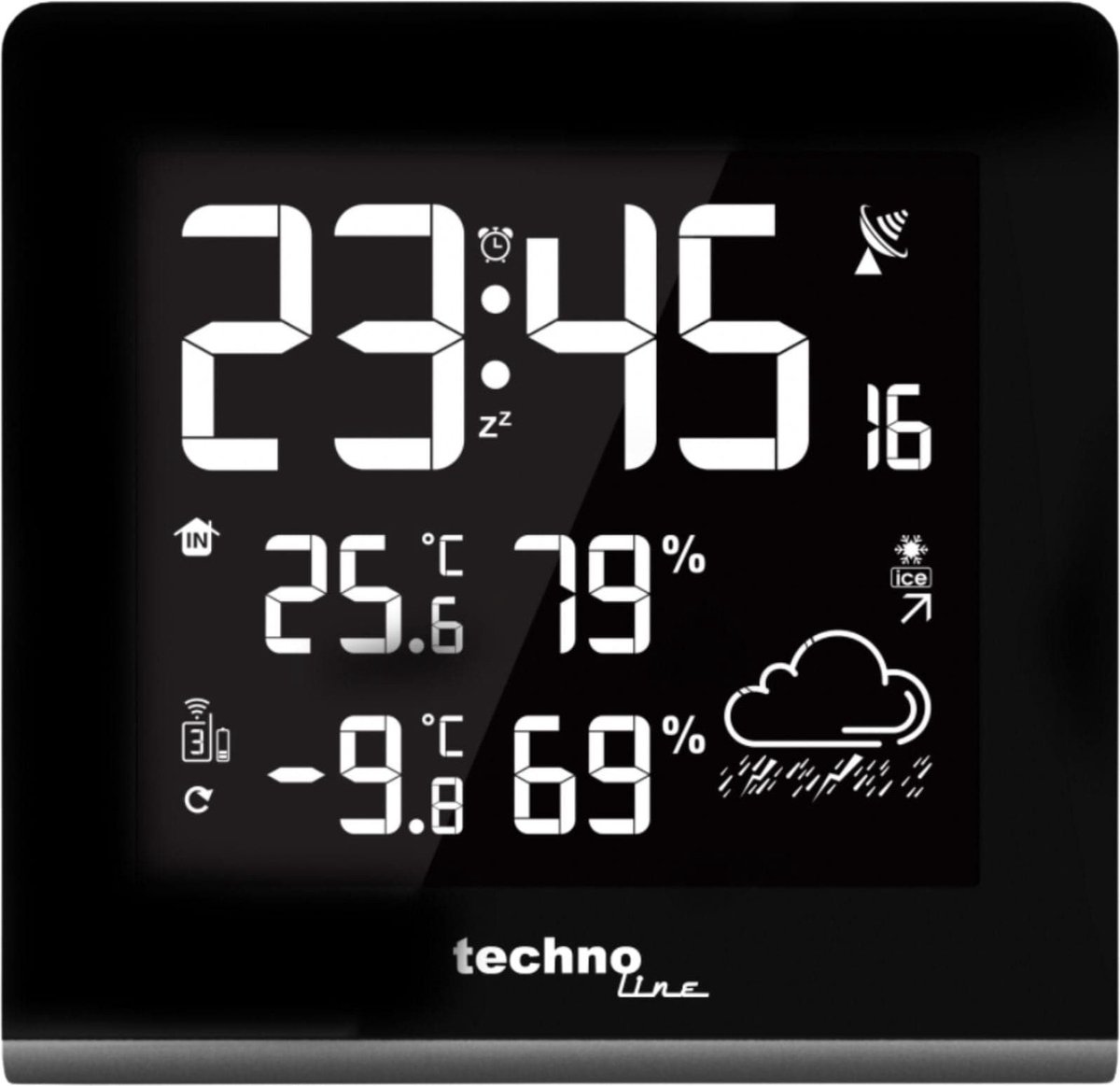 Weerstation met 256 verschillende display kleuren - Radio gestuurde klok - Weersvoorspelling - Luchtvochtigheid en temperatuurweergave - Wekkerfunctie - Technoline WS 9065