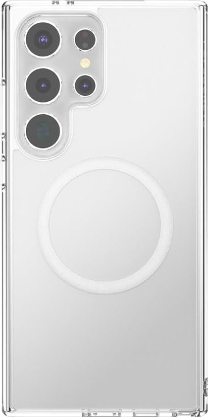 Duidelijk hoesje voor smartphone met magnetische ring en cameralenzen zichtbaar.