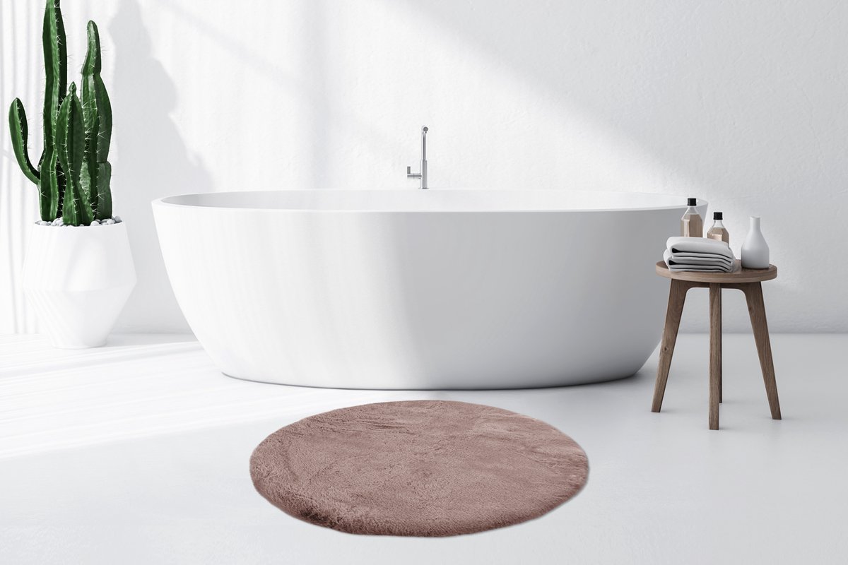 Floraya - Badmat - Fluffy - Roze - 100cm - Rond - Antislip