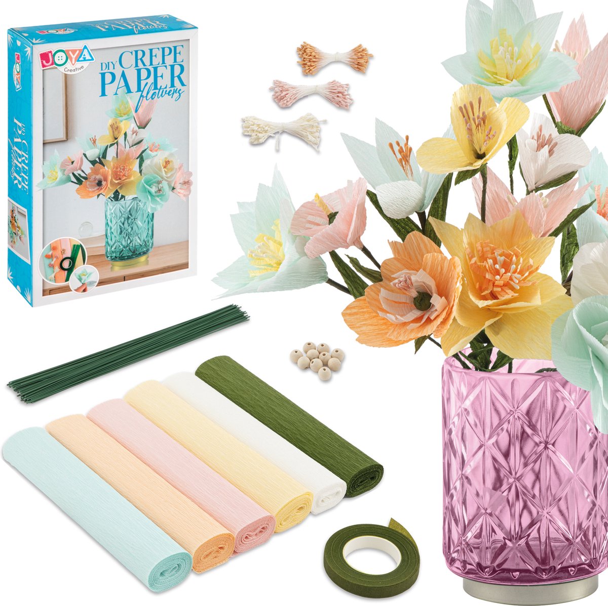 Crepe Papier Bloemen Set - decoupage papier - Maak Je Eigen Papieren Bloemen - Inclusief 6 Voorbeelden en Instructies - Joya Creative