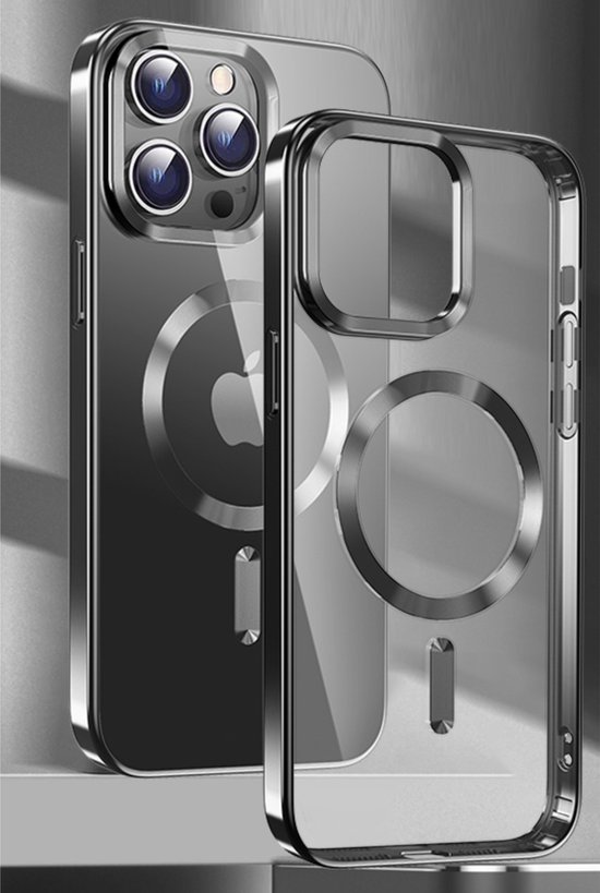 Coque transparente avec bords métalliques pour iPhone 16 Pro, avec cercle MagSafe et logo Apple.
