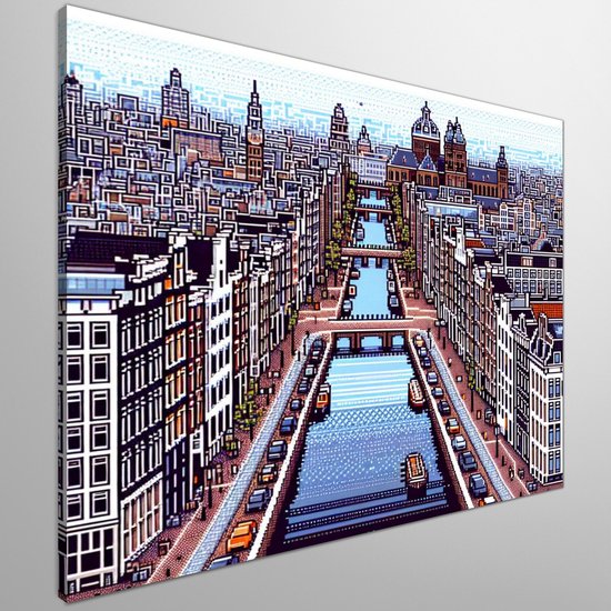 Pixel art amsterdam schilderij | Amsterdamse graffiti kunst: een kleurrijk pixelavontuur langs de grachten | Kunst - 30x30 centimeter op Canvas | Foto op Canvas