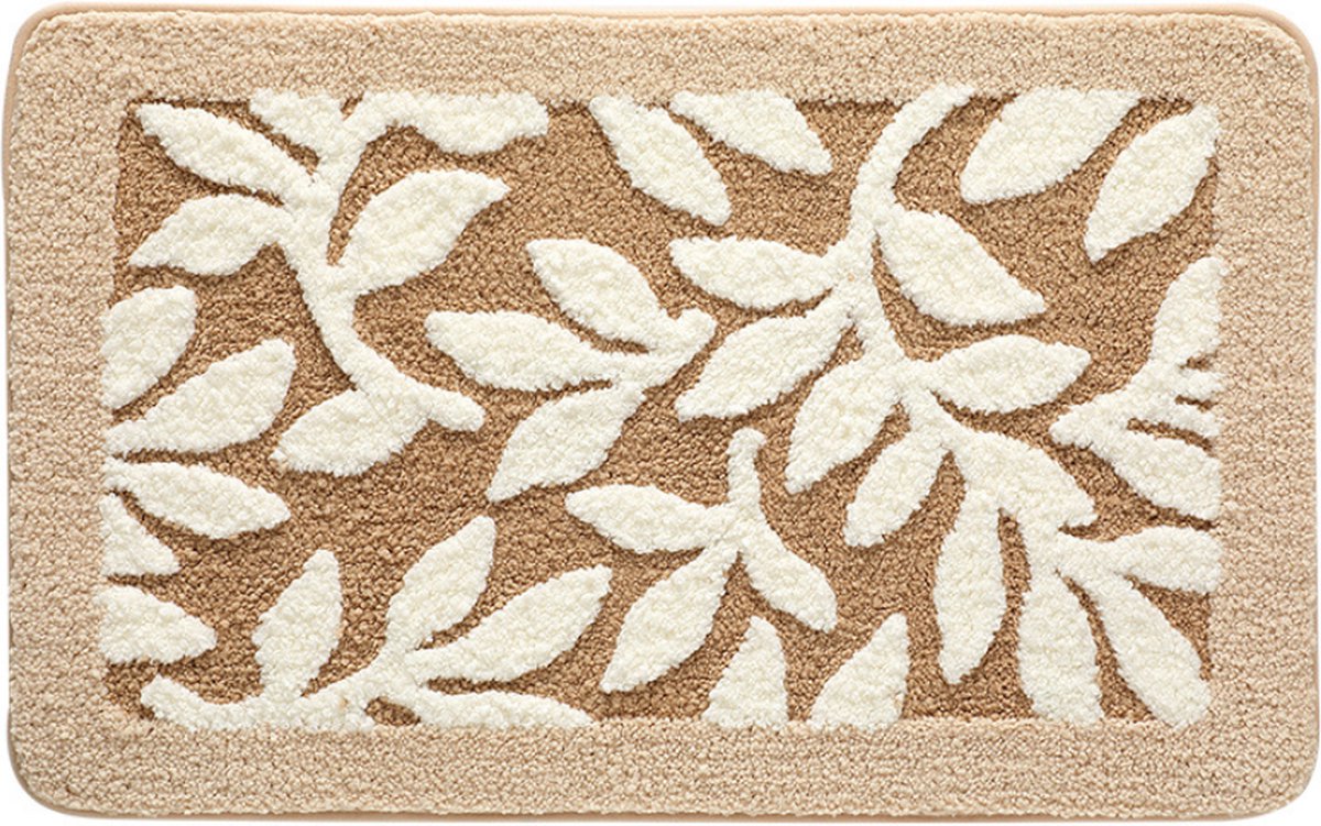 DRESTA Badmat 50X80CM Leaves Beige - Badmatten - Badmat antislip - Douchemat - Badmatten - 100% Polyester - Super zacht en Warm
