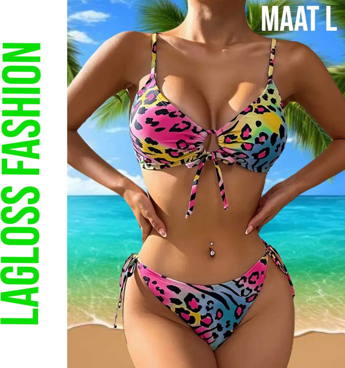 LaGloss® Neon Panter print Bikini 2- zomer - beach swimsuit - strand bikini zwembad - 2-delig - Maat L %%