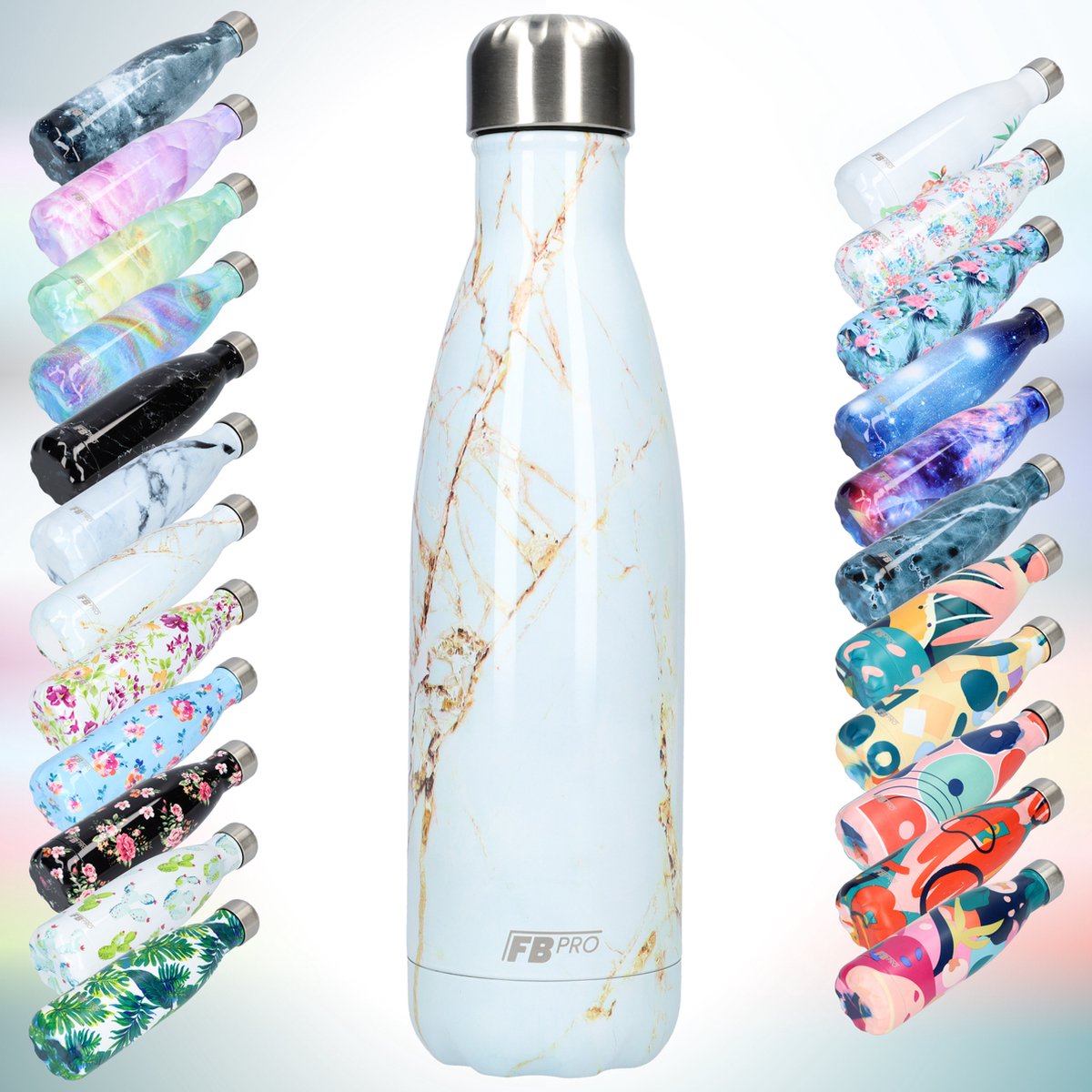 FBFS34, Thermosfles, Drinkfles, Waterfles - Modern & Slank Design - Thermos Fles voor de Warme en Koude Dagen - Dubbelwandig - Robuuste Thermoskan - 500ml - White & Gold Marble - Wit & Goud Marmer