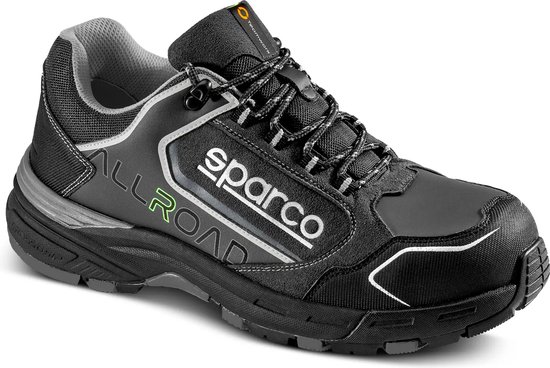 Chaussure de travail Sparco noire avec des accents gris et blancs et le logo "ALLROAD" en vert.