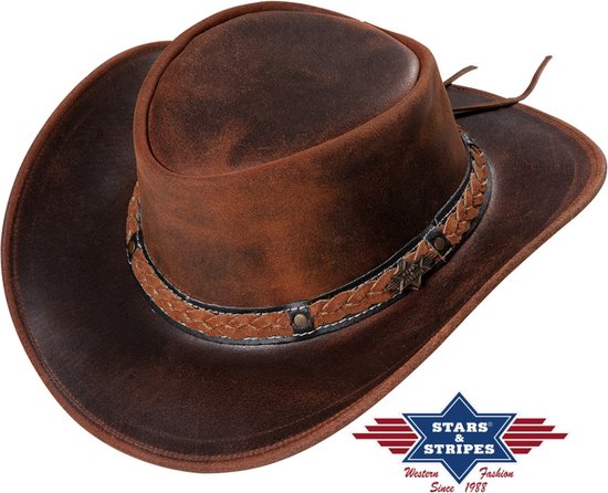 Chapeau Western en cuir Stars & Stripes BUTCH marron rouille - Taille XL (tour de tête env. 60-61cm