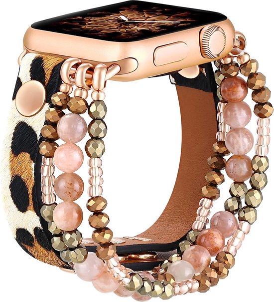 Bracelet de Perles de style Boho pour Apple Watch Band série 10 42 mm/41 mm/40 mm/38 mm – Léopard – Bande élastique extensible faite à la main Mode femme pour remplacement de bracelet iWatch