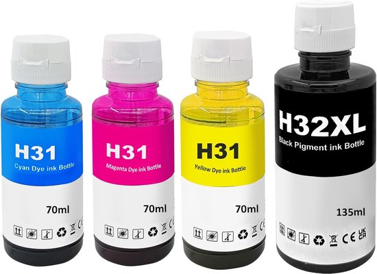 Recharge d'encre Convient pour HP 31/32 | Multipack de 4 bouteilles Convient pour Smart Tank 315 - 455 - 457 - 670 - 675 - 720 - 725 - 7305 - 7306 - 750 - 755 - 790 - 795 - Plus 555 - 559 - 570 - 655