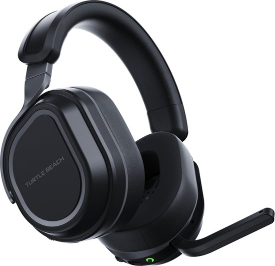 Zwarte Turtle Beach gamingheadset met microfoon, van de voorkant gefotografeerd.