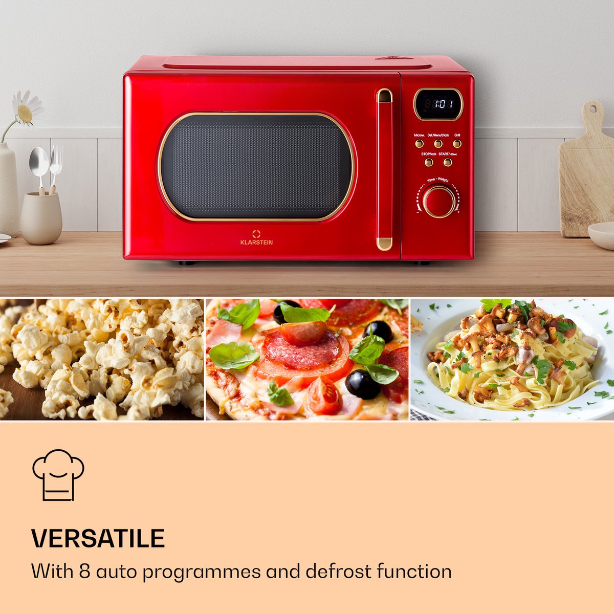 Klarstein magnetron met Grill, 800 Watt magnetron klein, 3 in 1Edelstahl magnetron rood, Kleine 20 Liter magnetron met ontdooi en Pizzafunktion, Drehteller, Platzsparend, Einfach zu Bedienen thumbnail 4