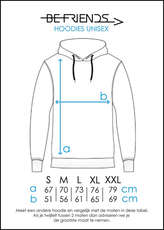 Maattabel voor een blauwe 'BE FRIENDS HOODIES UNISEX' hoodie.