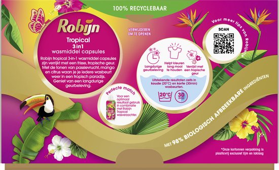 Achterkant van Robijn Tropical wascapsules met uitleg over het gebruik, geur en ingrediënten.