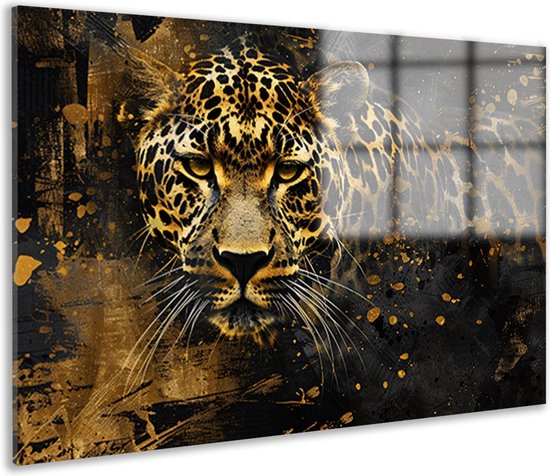 Leopard glasschilderij - Dieren glasschilderij - Schilderijen glas Spatten - Muurdecoratie modern - Acrylglas schilderij - Slaapkamer muurdecoratie acrylglas 120x80 cm