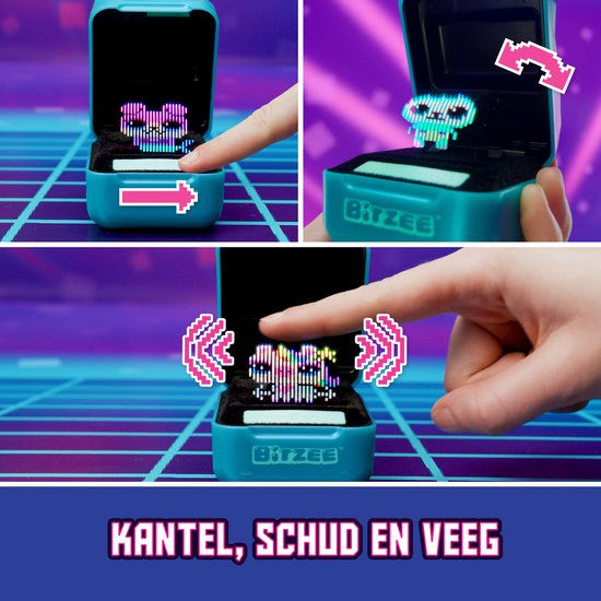 Een hand opent een Bitzee doosje met een pixelachtig diertje erin. Er worden trillingen getoond.