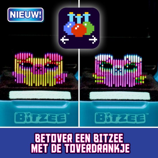 Twee BITZEE beestjes, een geel/roze en een roze/paars, worden omgetoverd met een toverdrankje.