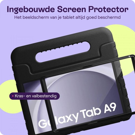 HappyCase Candy+ Housse Kinder adaptée au Samsung Galaxy Tab A9 | Étui pour tablette avec protecteur d'écran intégré | Adapté aux enfants | Housse de protection | Poignée et support | Couverture pour enfants | Noir