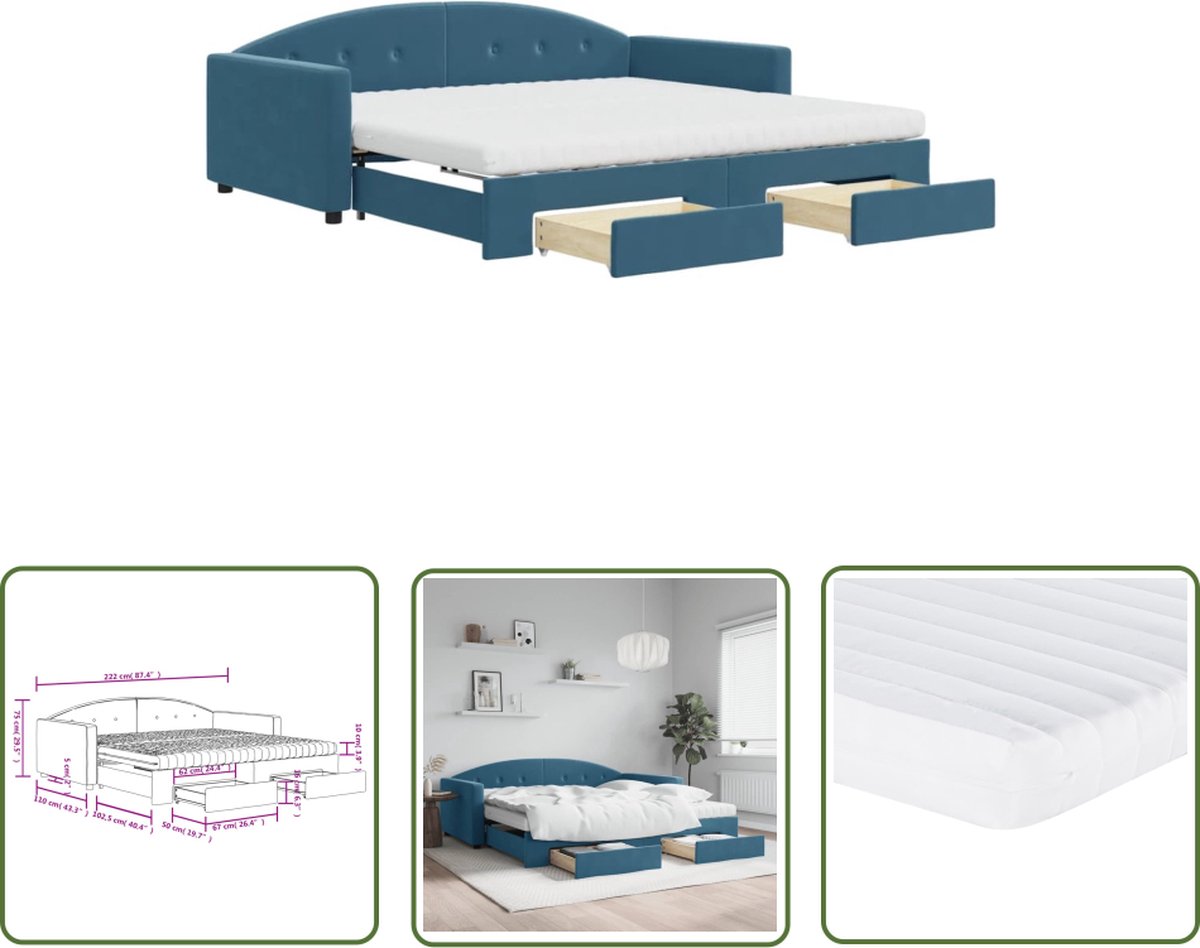 The Living Store Slaapbank met onderschuifbed - Blauw - 222x110x75 cm - Veelzijdig en praktisch - Comfortabel schuimmatras - Opbergruimte - Solide constructie