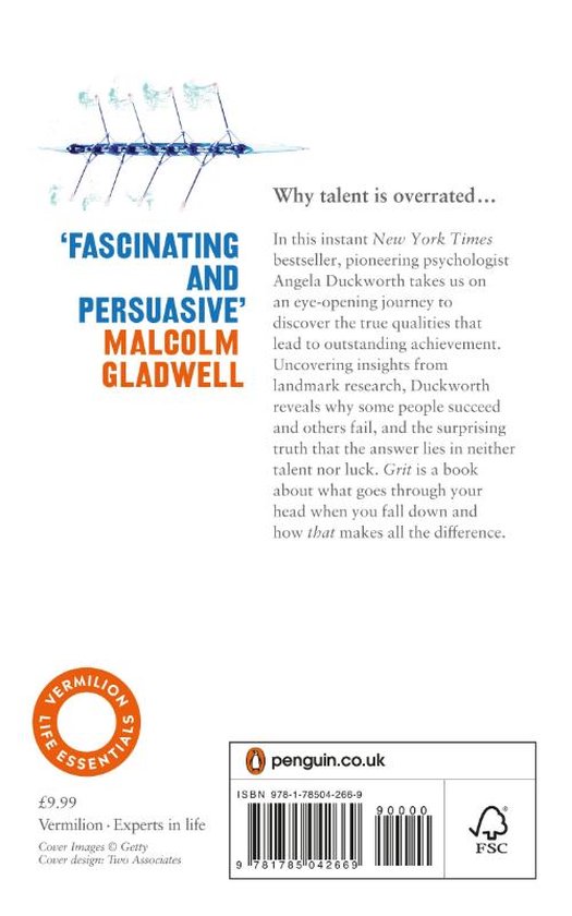 Achterkant van het boek Grit door Angela Duckworth, met een roeiboot en de tekst 'Fascinating and Persuasive' door Malcolm Gladwell.