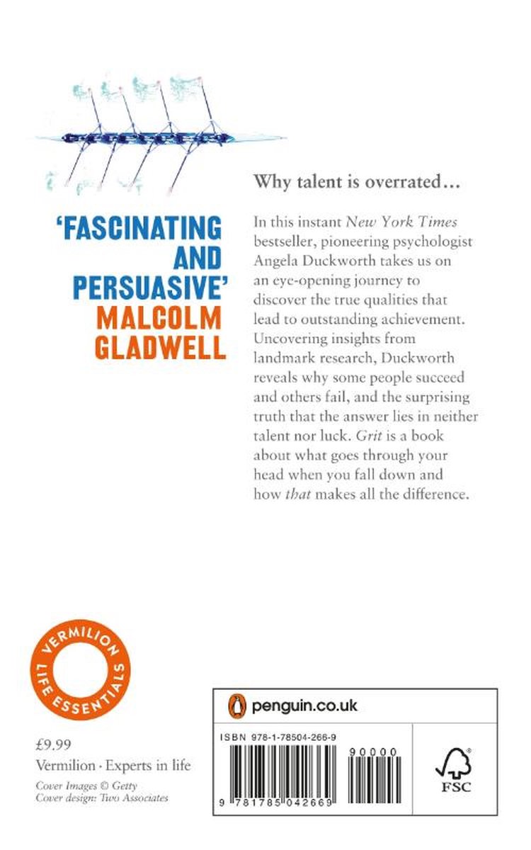 Achterkant van het boek Grit door Angela Duckworth, met een roeiboot en de tekst 'Fascinating and Persuasive' door Malcolm Gladwell.