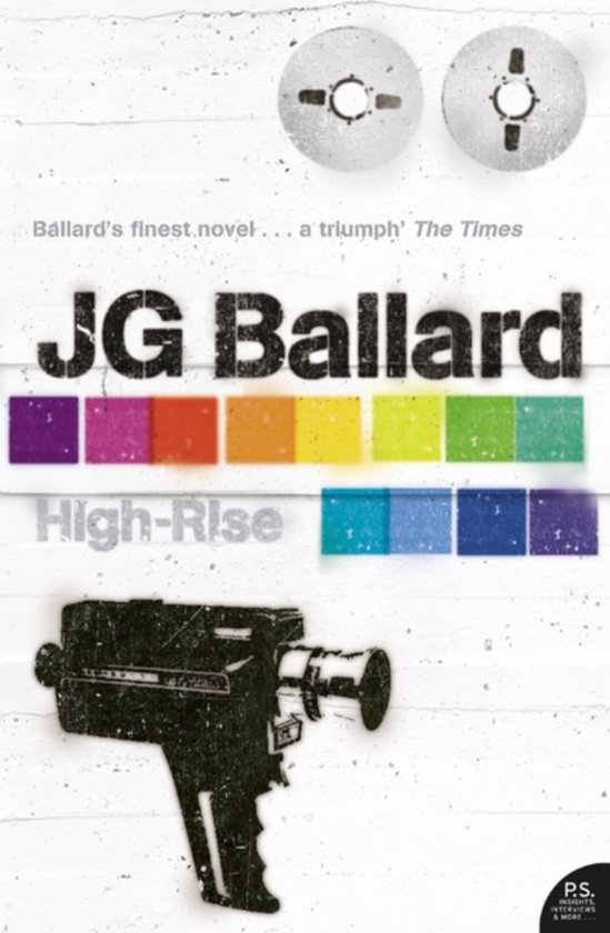 Boek 'High-Rise' van JG Ballard met gekleurde blokjes en een filmcamera.