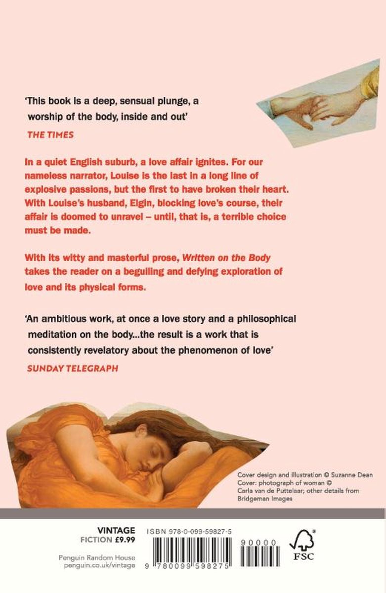 Boekcover van 'Written on the Body' met een slapende vrouw in oranje stof en illustraties van handen en peren.