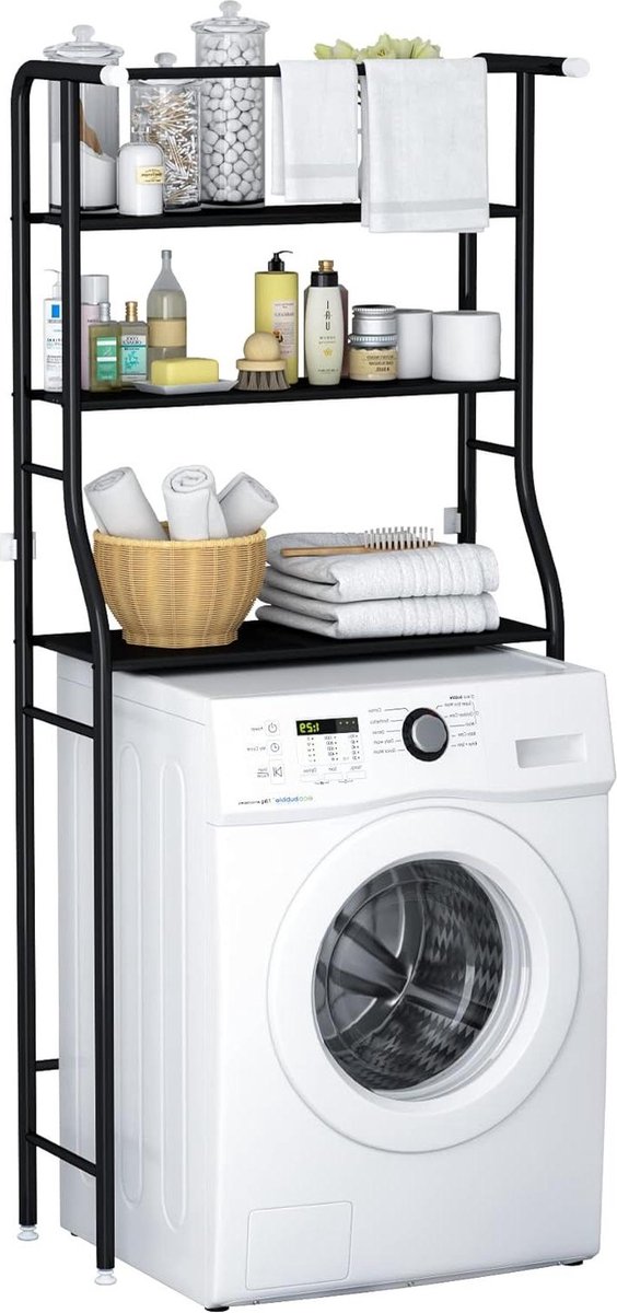 3-Tier Opbergrek Wasmachine - Ruimtebesparend - Badkamer - Boven Het Toilet - Multifunctioneel - Sterk Lager - Hangbaar - Zwart Wasmachine rek