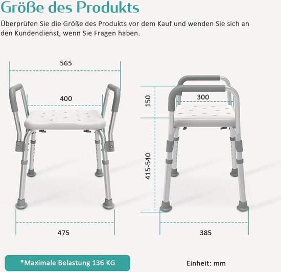 HOMCOM Douchestoel Ergonomische Douchestoel Verstelbare Hoogte Antislip