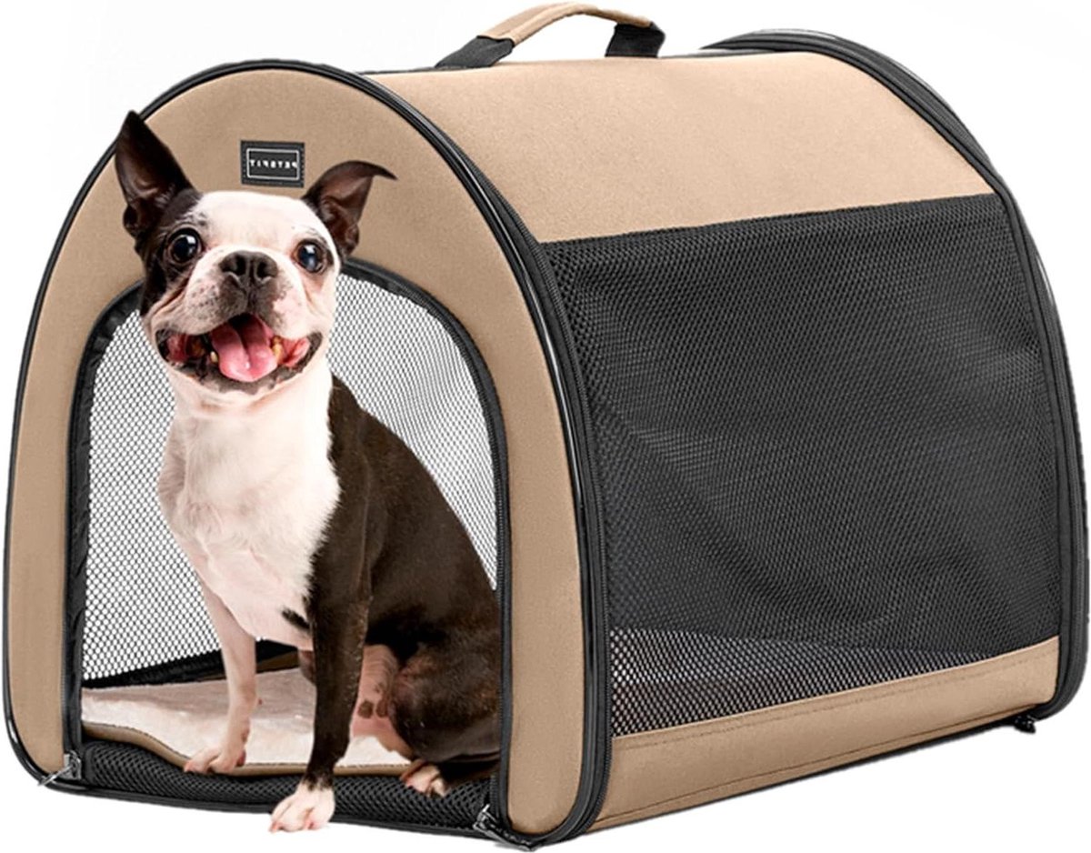 Opvouwbare hondenbox voor kleine honden en katten - Licht ademend - Met anti-open ritssluiting en pluche kussen - Maat M - Kaki kattenbench