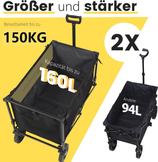XXL Opvouwbare Bolderwagen met Rem - 160L Capaciteit en 150KG Draagvermogen - Geschikt voor Ruw Terrein, Strand, Kamperen of Winkelen van LifeGoods — afbeelding 2