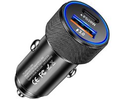 Autolader USB-C + USB 3.0 38W Snellader - compacte auto telefoon oplader - sigarettenaansteker - universeel - zwart