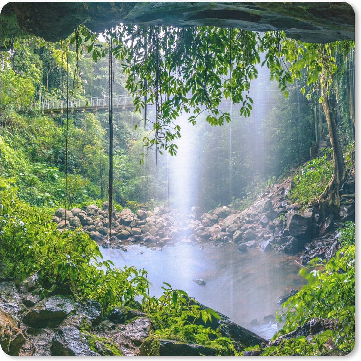 Muismat 30x30 cm - Mousepad Jungle - Regenwoud - Water - Waterval - Planten - Muismatten