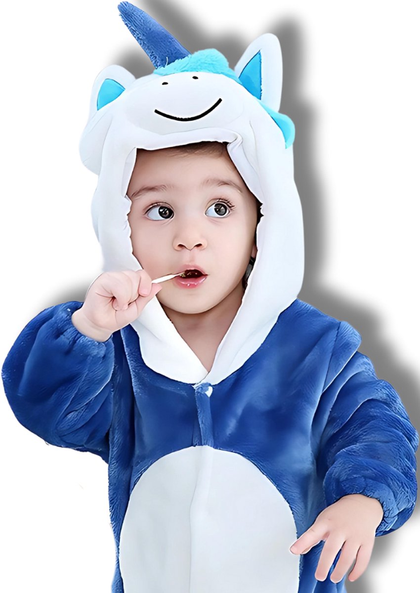 BoefieBoef Dieren Onesie Pyjama Kinderen 6m-2jr – Eenhoorn Blauw – Verkleedkleding met Luierrits – Carnaval Dierenpak - Kerst en Kraamcadeau - Zacht Flanel - Romper - Boxpak - Jongens - Meisjes — afbeelding 7