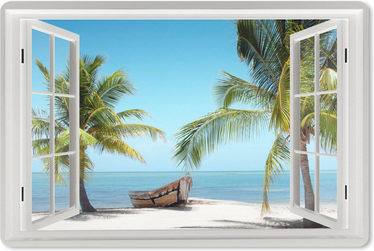 Muismat 27x18 cm - Mousepad Doorkijk - Strand - Palmboom - Boot - Tropisch - Zee - Blauw - Muismatten