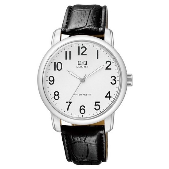 Wit analoog horloge met zilverkleurige kast, zwarte krokodillenleren band en cijfers.
