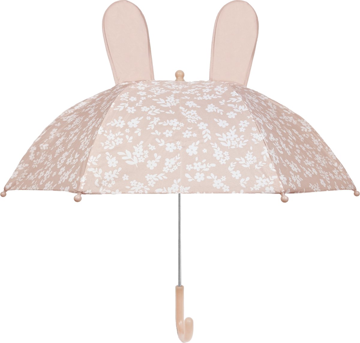 VanPauline kinderparaplu - zachtroze met witte bloemen - konijnenoren