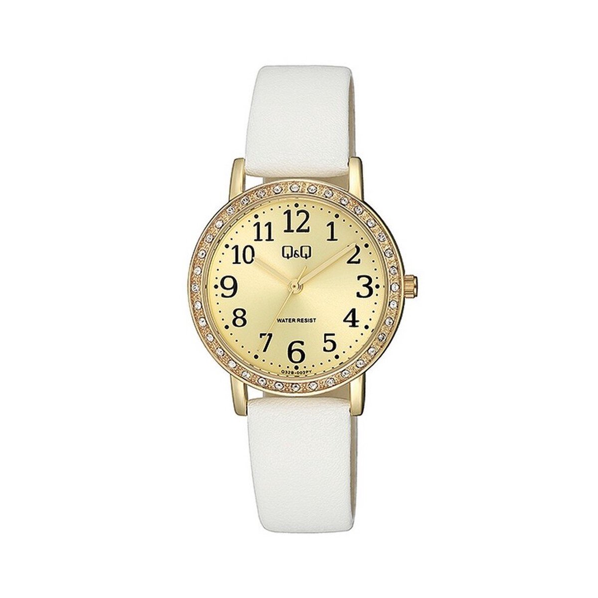 QQ Q32B-002PY - Horloge - Analoog - Vrouwen - Dames - Leren band - Rond - Metaal - Wit - Goudkleurig - Sprankelend - 3 ATM